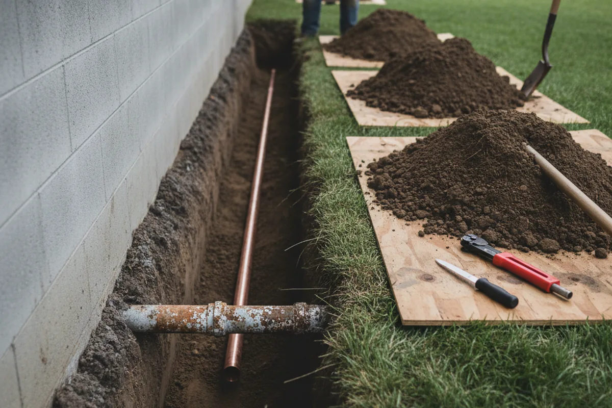 Excavated water line trench during Water Heater Repair in Manassa